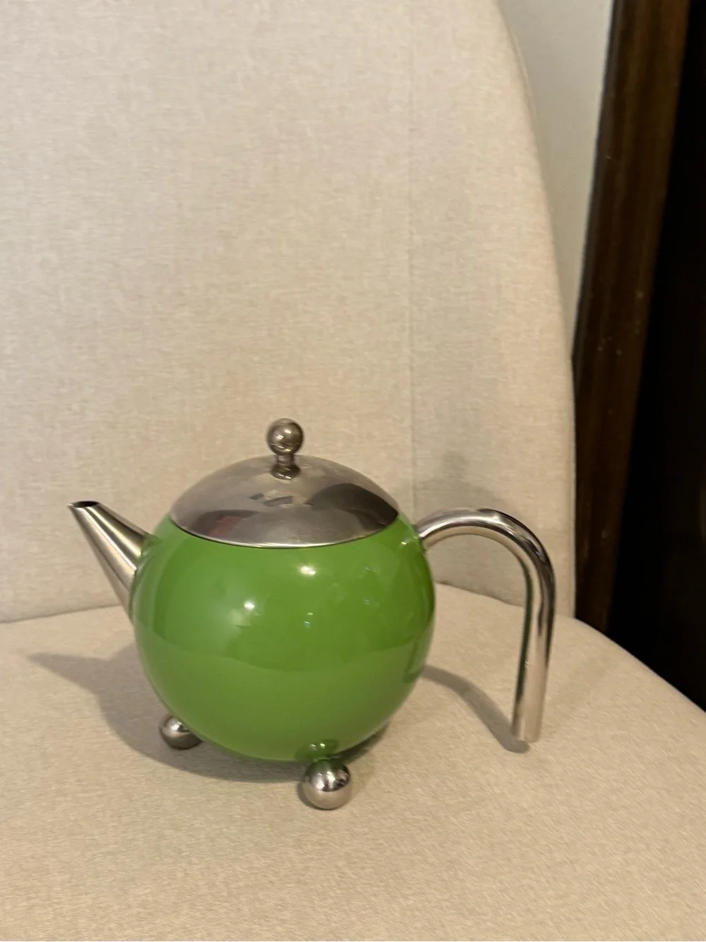Painted Ladies Green Round Teapot with Stainless Accents
